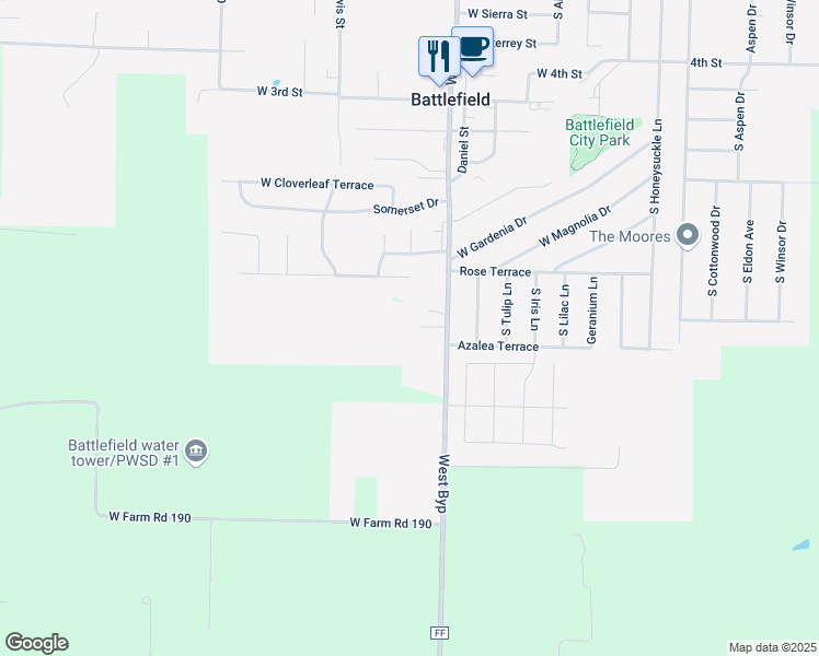 map of restaurants, bars, coffee shops, grocery stores, and more near 5845 South State Highway Ff in Battlefield