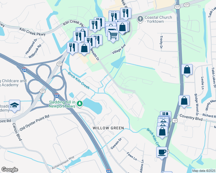 map of restaurants, bars, coffee shops, grocery stores, and more near 725 Oak Mill Lane in Newport News