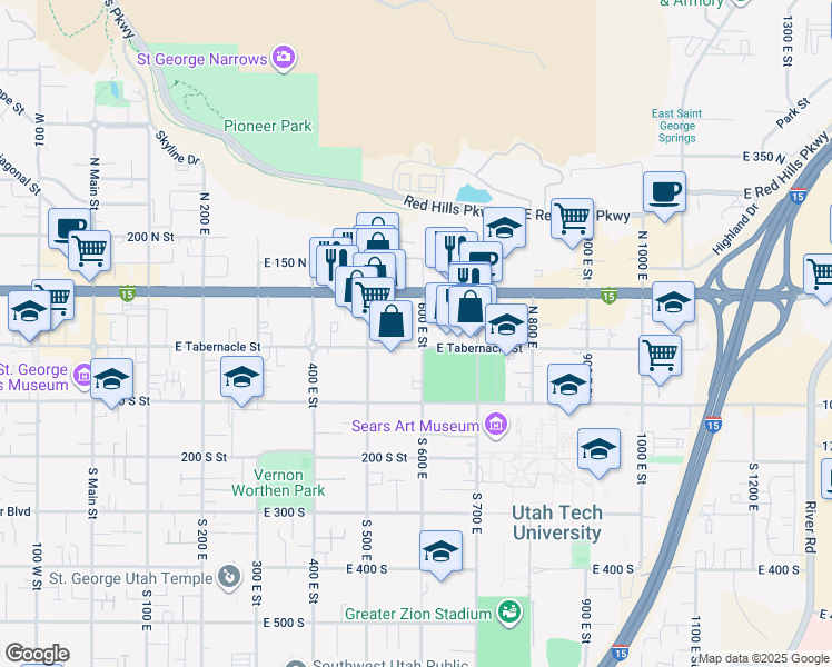 map of restaurants, bars, coffee shops, grocery stores, and more near 19 North 600 East in St. George