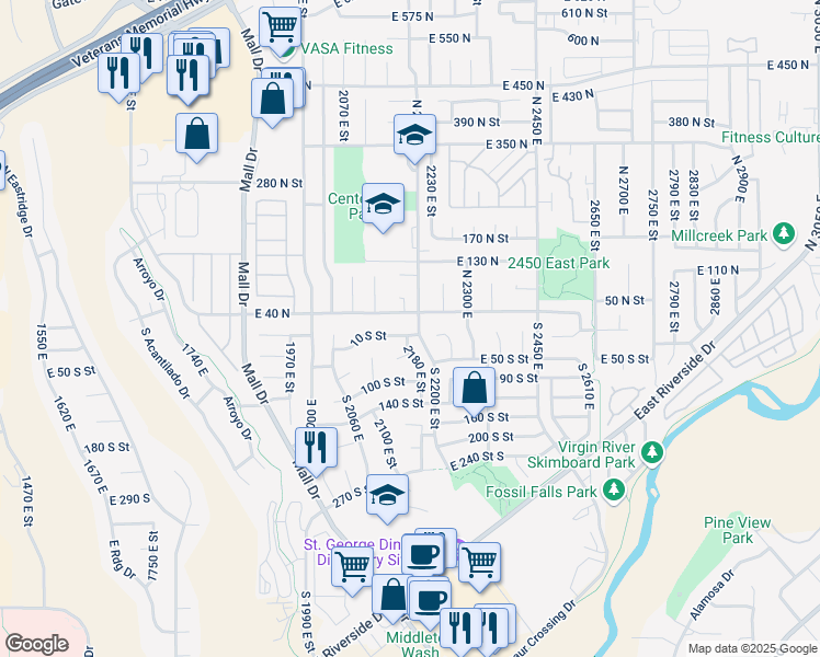 map of restaurants, bars, coffee shops, grocery stores, and more near 2187 East 10 South Street in St. George