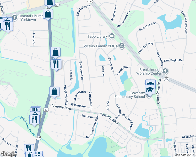 map of restaurants, bars, coffee shops, grocery stores, and more near 106 Hilda Hollow in Yorktown