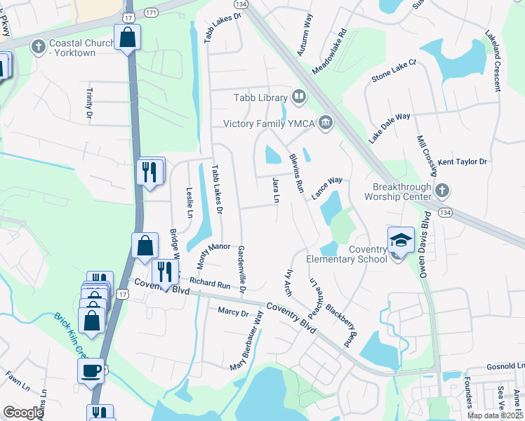 map of restaurants, bars, coffee shops, grocery stores, and more near 106 Hilda Hollow in Yorktown