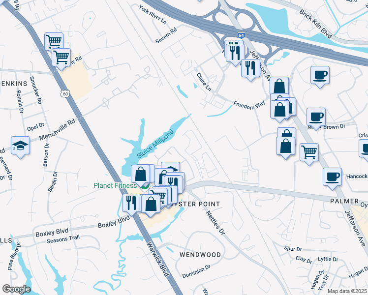 map of restaurants, bars, coffee shops, grocery stores, and more near 1100 Arboretum Way in Newport News