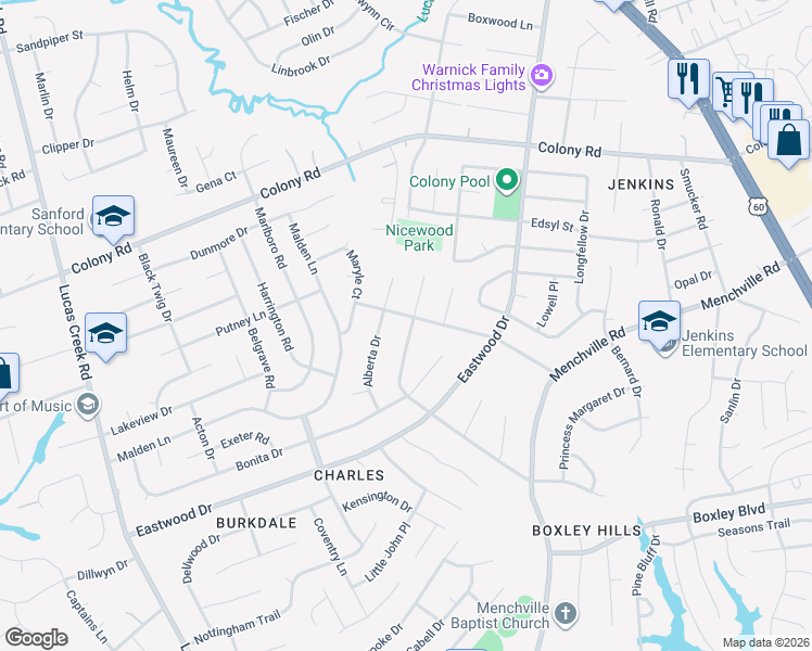 map of restaurants, bars, coffee shops, grocery stores, and more near 164 Nicewood Drive in Newport News
