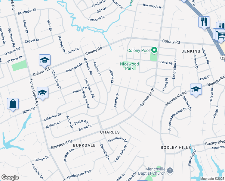 map of restaurants, bars, coffee shops, grocery stores, and more near 405 Maryle Court in Newport News