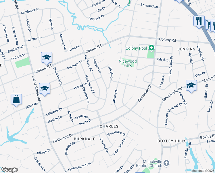 map of restaurants, bars, coffee shops, grocery stores, and more near 405 Maryle Court in Newport News