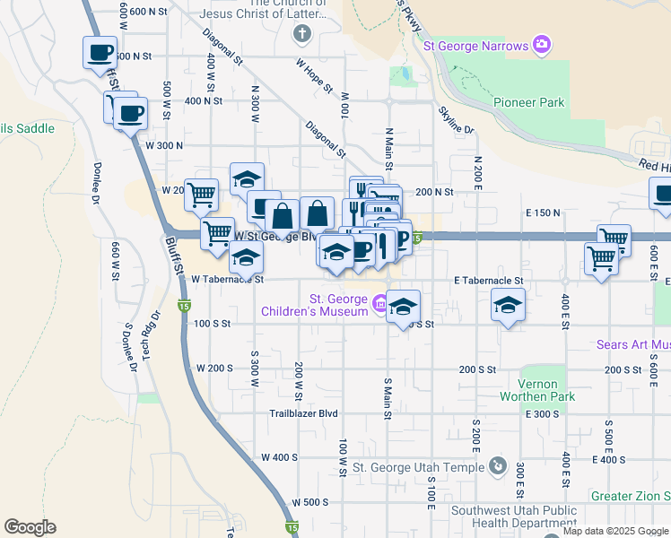 map of restaurants, bars, coffee shops, grocery stores, and more near 33 100 West in St. George