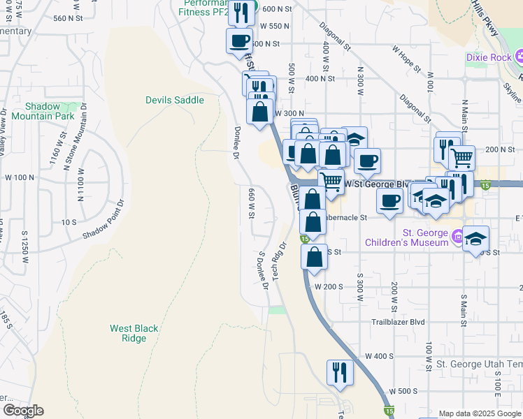 map of restaurants, bars, coffee shops, grocery stores, and more near 571 West 15 North Circle in St. George