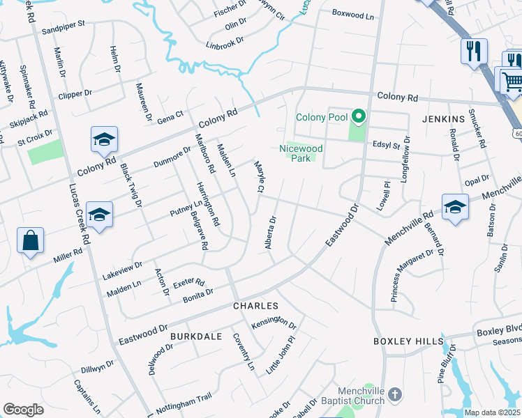 map of restaurants, bars, coffee shops, grocery stores, and more near 405 Maryle Court in Newport News