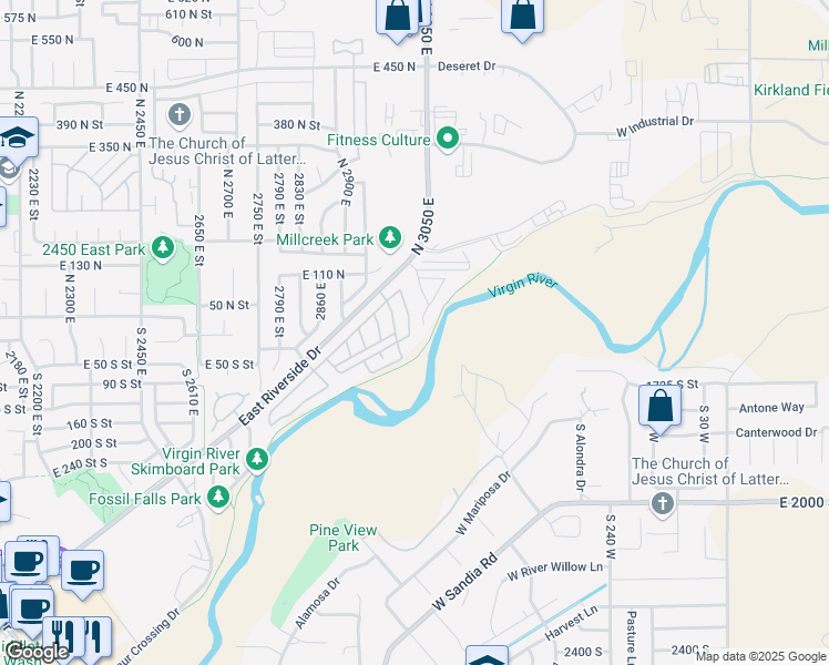 map of restaurants, bars, coffee shops, grocery stores, and more near 2990 East Riverside Drive in St. George