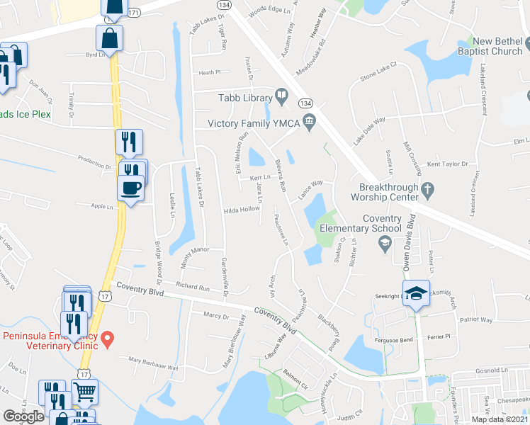 map of restaurants, bars, coffee shops, grocery stores, and more near 201 Jara Lane in Yorktown