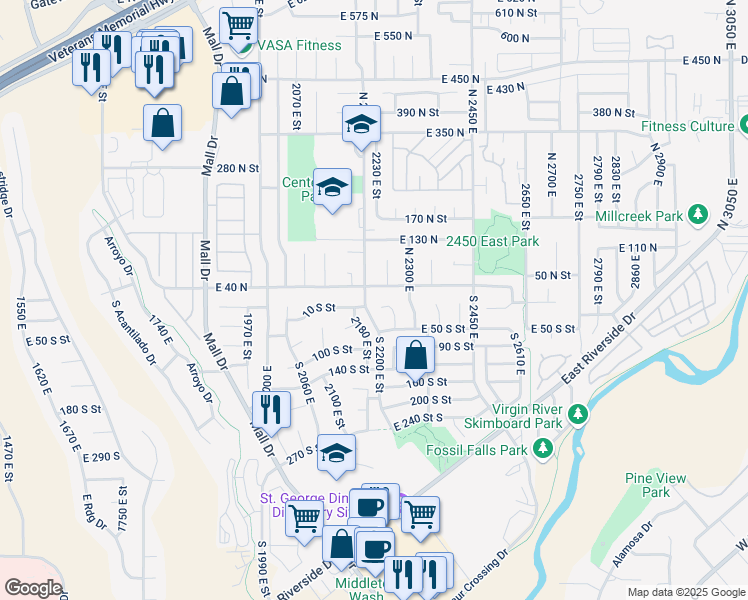 map of restaurants, bars, coffee shops, grocery stores, and more near 2187 East 10 South in St. George