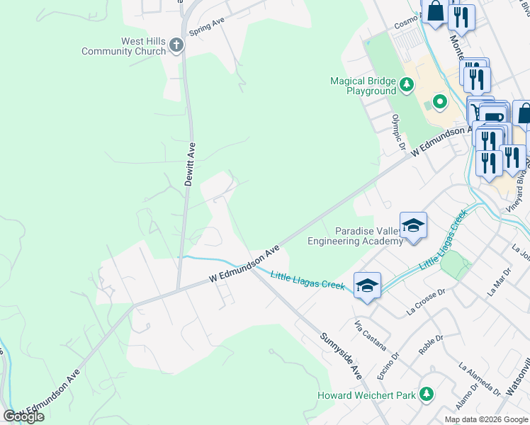 map of restaurants, bars, coffee shops, grocery stores, and more near 855 West Edmundson Avenue in Morgan Hill