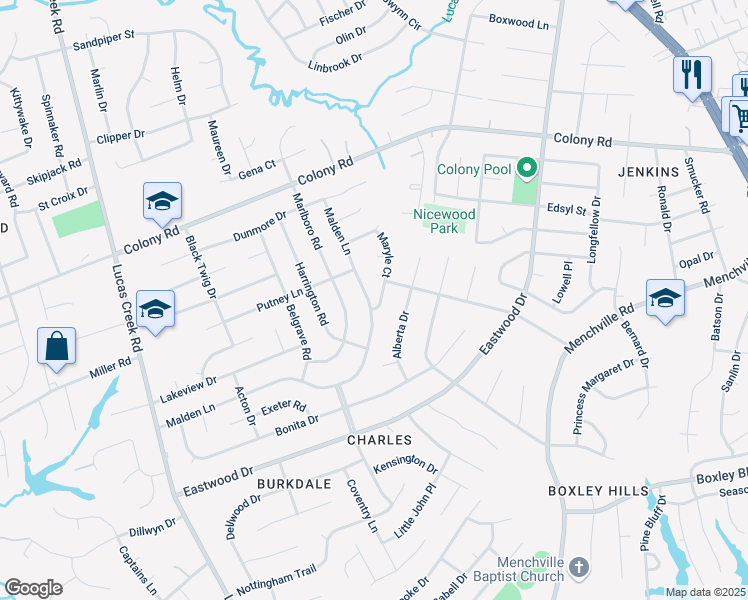 map of restaurants, bars, coffee shops, grocery stores, and more near 405 Maryle Court in Newport News