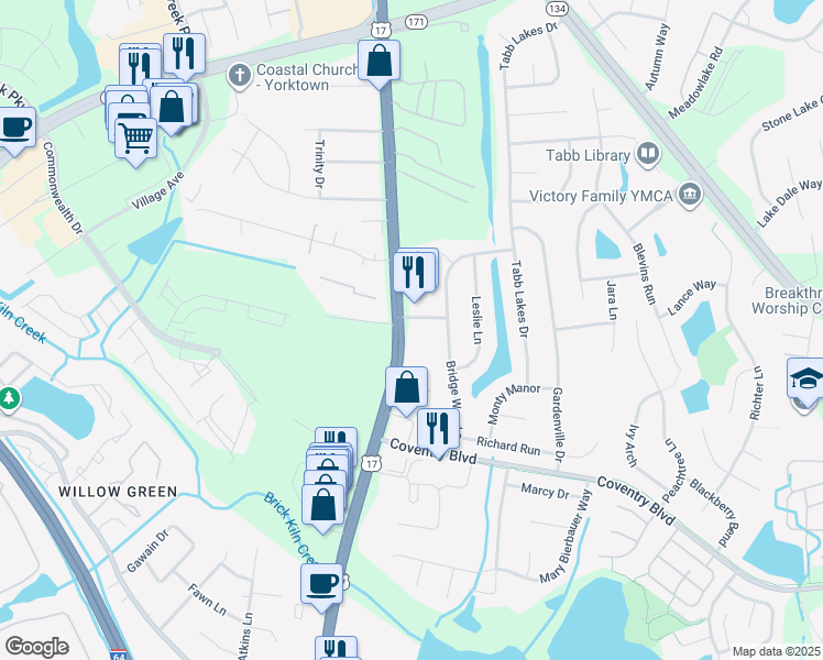map of restaurants, bars, coffee shops, grocery stores, and more near 1724 George Washington Memorial Highway in Yorktown