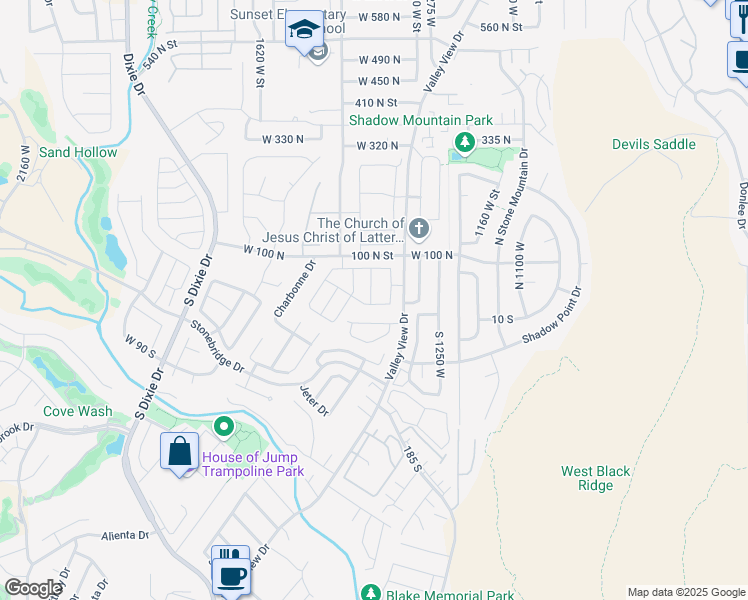 map of restaurants, bars, coffee shops, grocery stores, and more near 39 Valley View Drive in Saint George