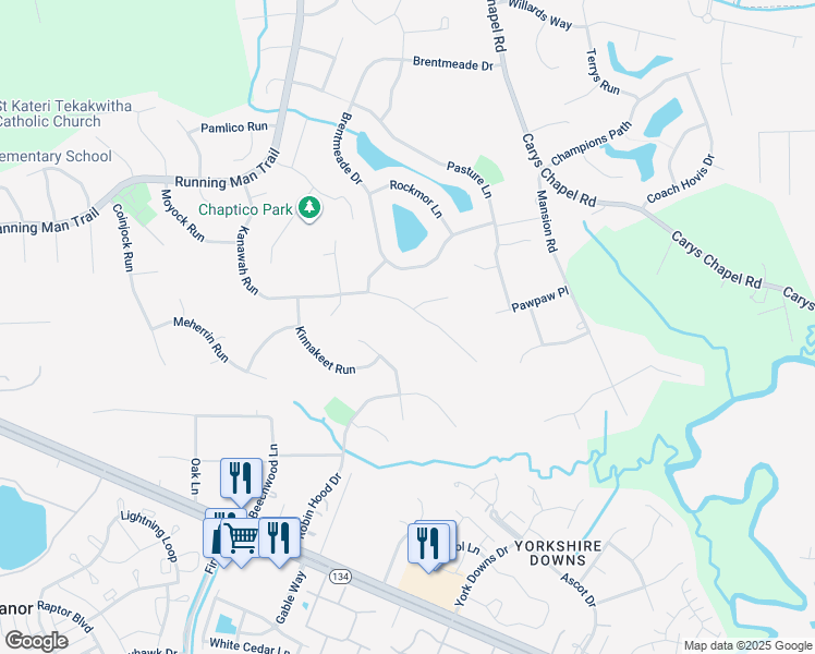 map of restaurants, bars, coffee shops, grocery stores, and more near 700 Kanawah Run in Yorktown