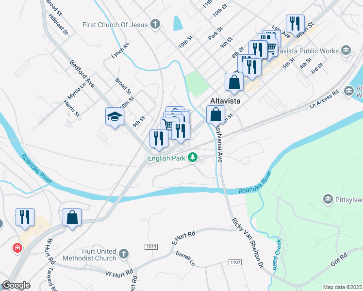 map of restaurants, bars, coffee shops, grocery stores, and more near 481-499 Main St in Altavista