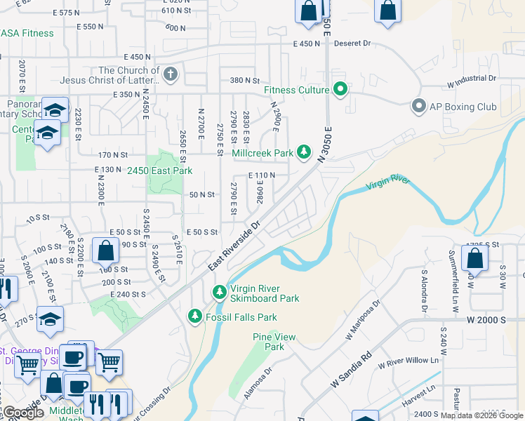 map of restaurants, bars, coffee shops, grocery stores, and more near 20 North Paradise Way in St. George