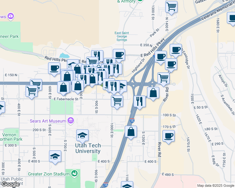 map of restaurants, bars, coffee shops, grocery stores, and more near 1025 East Tabernacle Street in St. George
