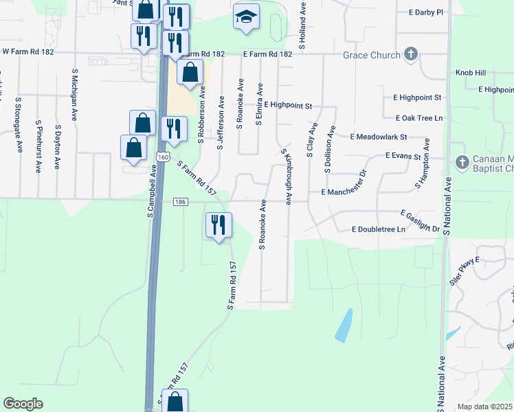 map of restaurants, bars, coffee shops, grocery stores, and more near 424 East Farm Road 186 in Springfield