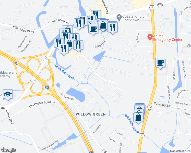 map of restaurants, bars, coffee shops, grocery stores, and more near 804 Miller Creek Lane in Newport News
