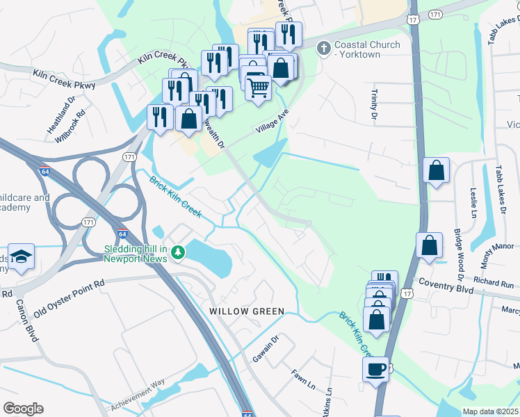 map of restaurants, bars, coffee shops, grocery stores, and more near 804 Miller Creek Lane in Newport News