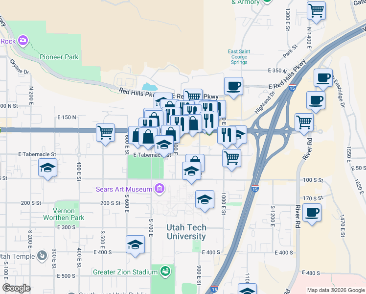 map of restaurants, bars, coffee shops, grocery stores, and more near 875 East Tabernacle Street in St. George