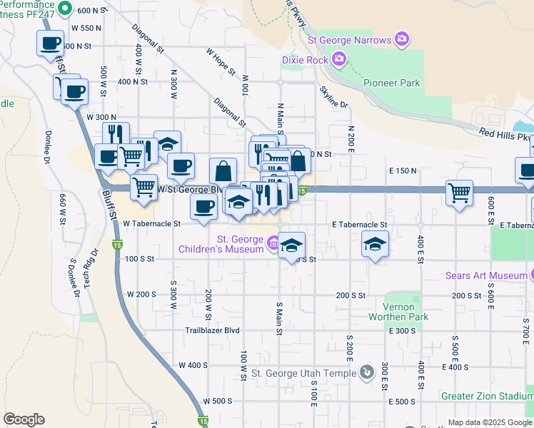 map of restaurants, bars, coffee shops, grocery stores, and more near 62 Tabernacle Street in St. George