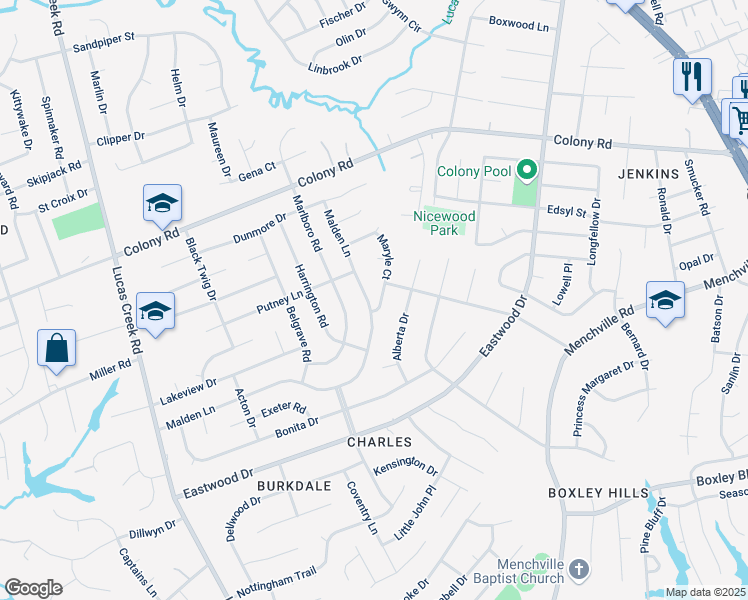 map of restaurants, bars, coffee shops, grocery stores, and more near 405 Maryle Court in Newport News