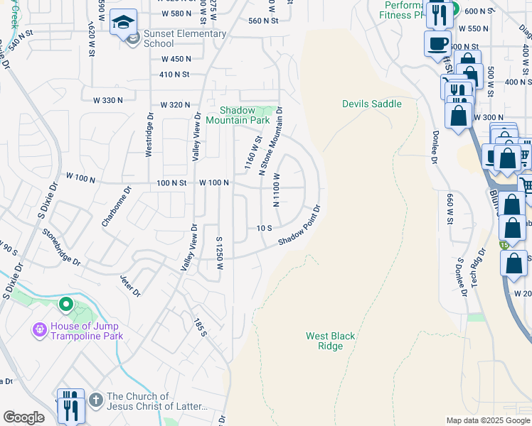 map of restaurants, bars, coffee shops, grocery stores, and more near 40 N Stone Mountain Dr in St George