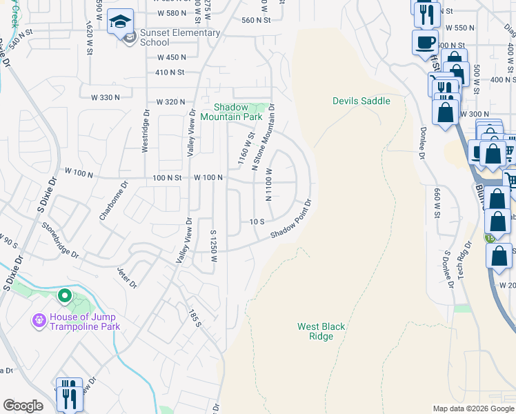 map of restaurants, bars, coffee shops, grocery stores, and more near 40 N Stone Mountain Dr in St George
