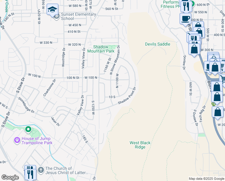 map of restaurants, bars, coffee shops, grocery stores, and more near 40 N Stone Mountain Dr in St George