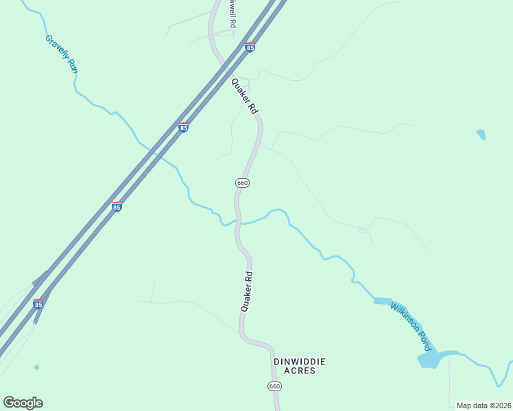 map of restaurants, bars, coffee shops, grocery stores, and more near 11905 Quaker Road in Dinwiddie