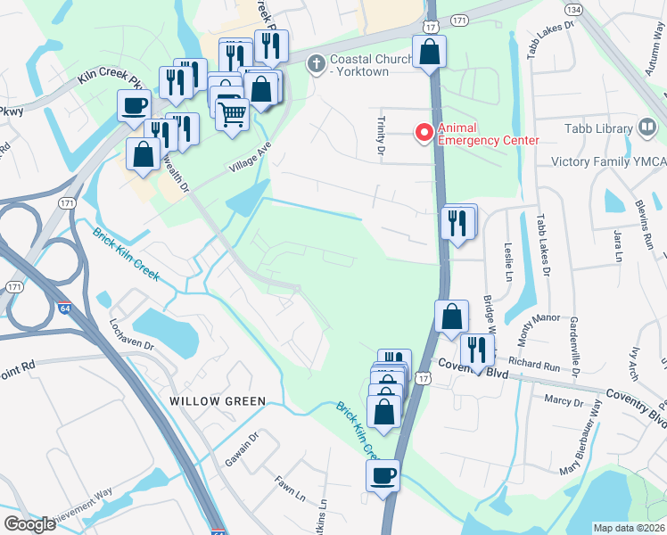 map of restaurants, bars, coffee shops, grocery stores, and more near 140 Mizzen Quarter Loop in Tabb