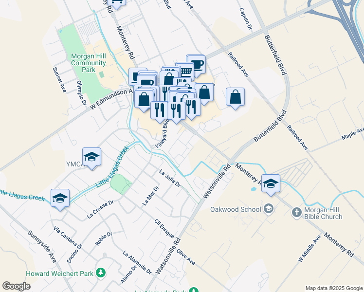 map of restaurants, bars, coffee shops, grocery stores, and more near 15665 Nice Lane in Morgan Hill