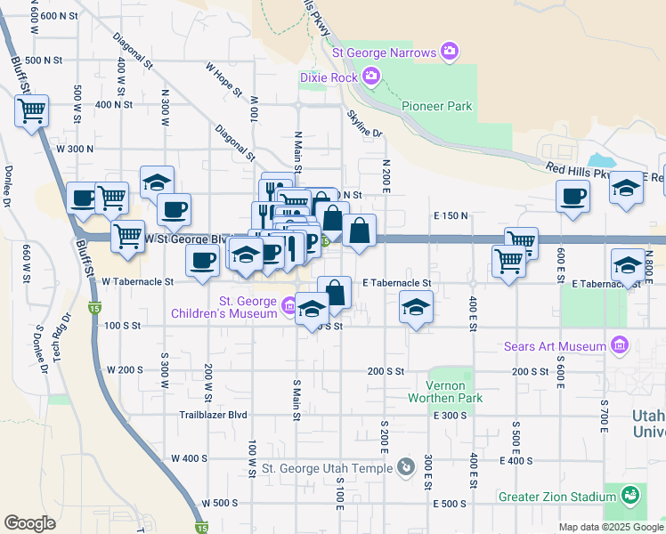 map of restaurants, bars, coffee shops, grocery stores, and more near 95 East Tabernacle Street in St. George