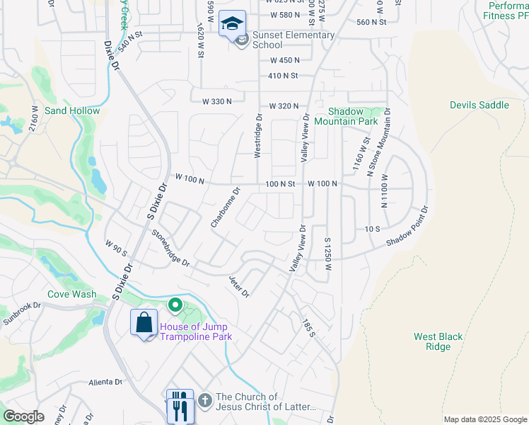 map of restaurants, bars, coffee shops, grocery stores, and more near 39 North Valley View Drive in St. George