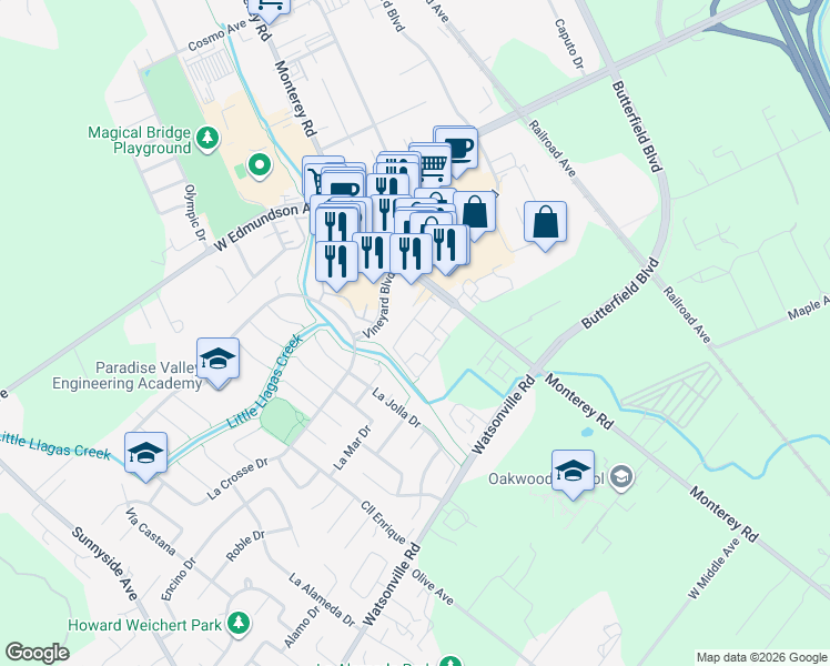 map of restaurants, bars, coffee shops, grocery stores, and more near 15665 Nice Lane in Morgan Hill