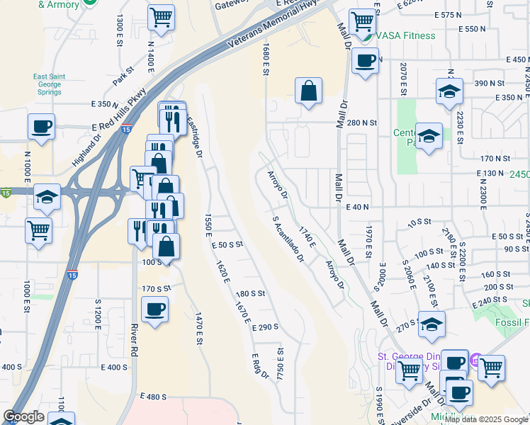 map of restaurants, bars, coffee shops, grocery stores, and more near 1650 50 North Circle in St. George