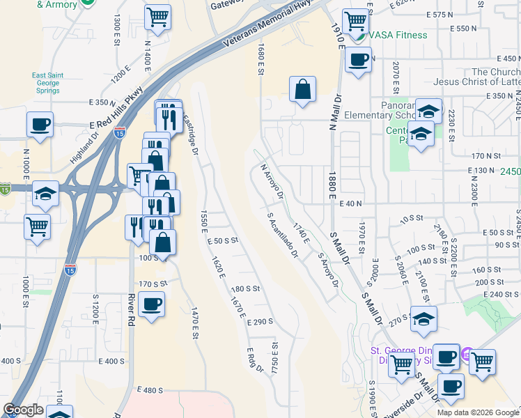 map of restaurants, bars, coffee shops, grocery stores, and more near 26 North Acantilado Drive in St. George