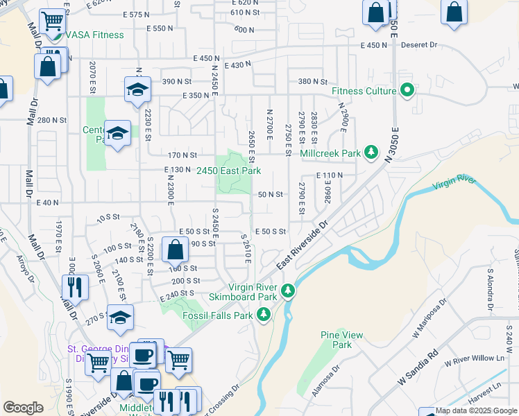 map of restaurants, bars, coffee shops, grocery stores, and more near 2668 East 10 North Circle in St. George