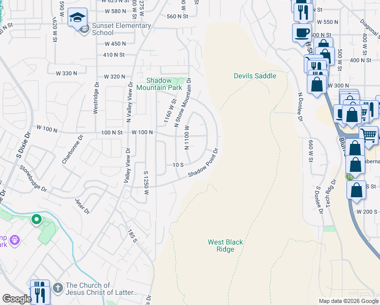 map of restaurants, bars, coffee shops, grocery stores, and more near 42 North 1100 West in St. George