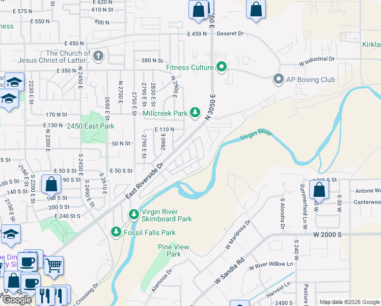 map of restaurants, bars, coffee shops, grocery stores, and more near 2990 East Riverside Drive in St. George
