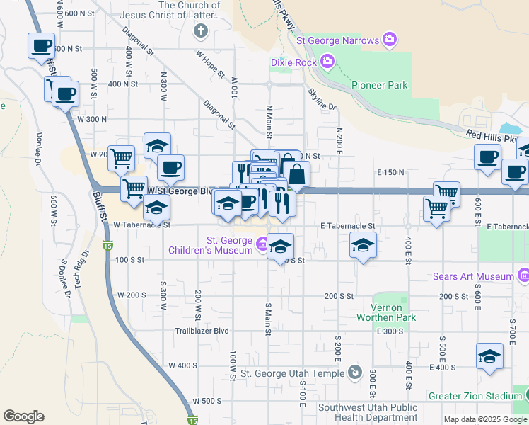 map of restaurants, bars, coffee shops, grocery stores, and more near 20 North Main Street in St. George