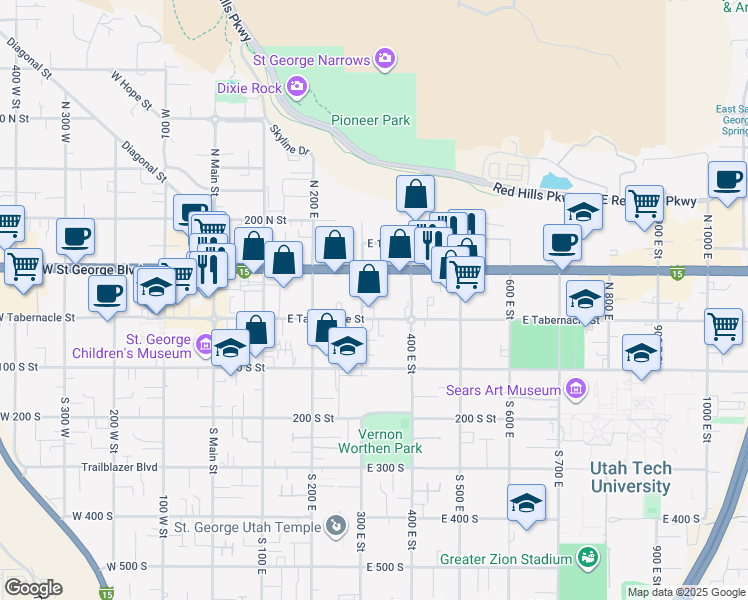 map of restaurants, bars, coffee shops, grocery stores, and more near 40 North 300 East in St. George