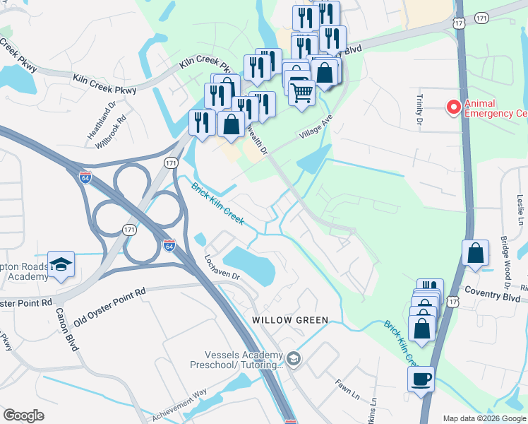 map of restaurants, bars, coffee shops, grocery stores, and more near 707 Stone Cove in Newport News