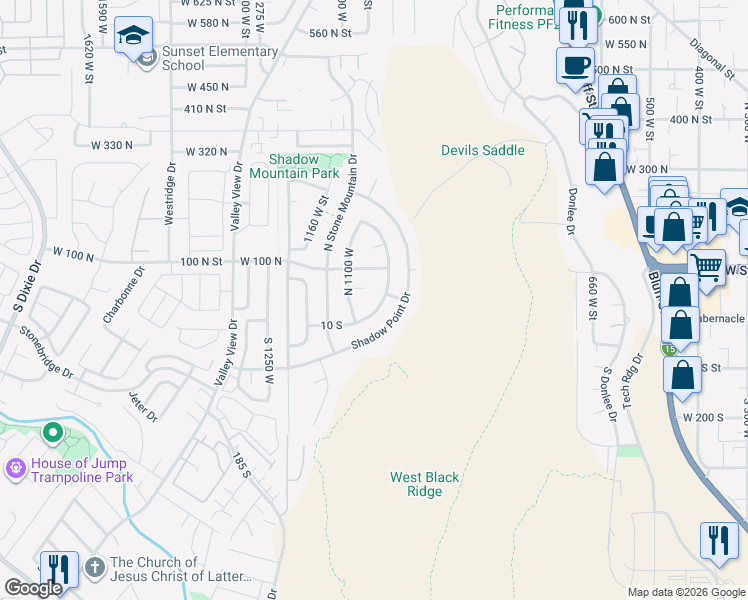map of restaurants, bars, coffee shops, grocery stores, and more near 1038 Eclipse Drive in St. George