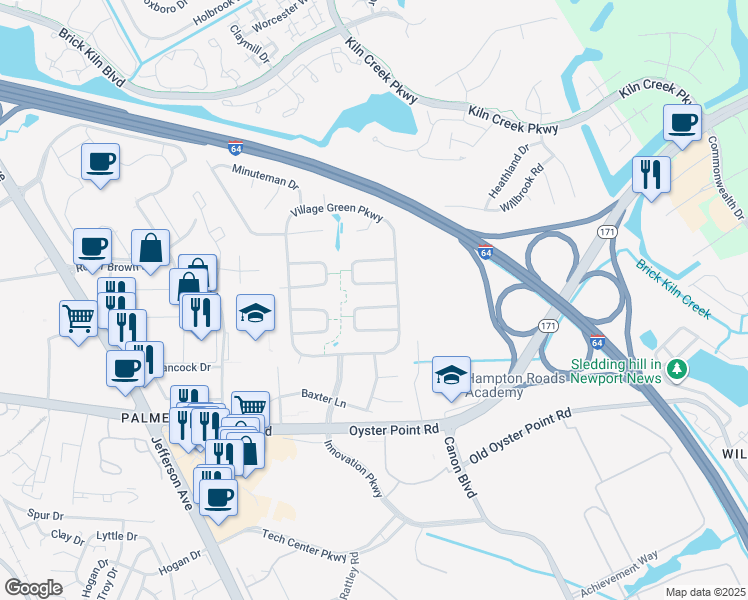 map of restaurants, bars, coffee shops, grocery stores, and more near 701 Prescott Circle in Newport News