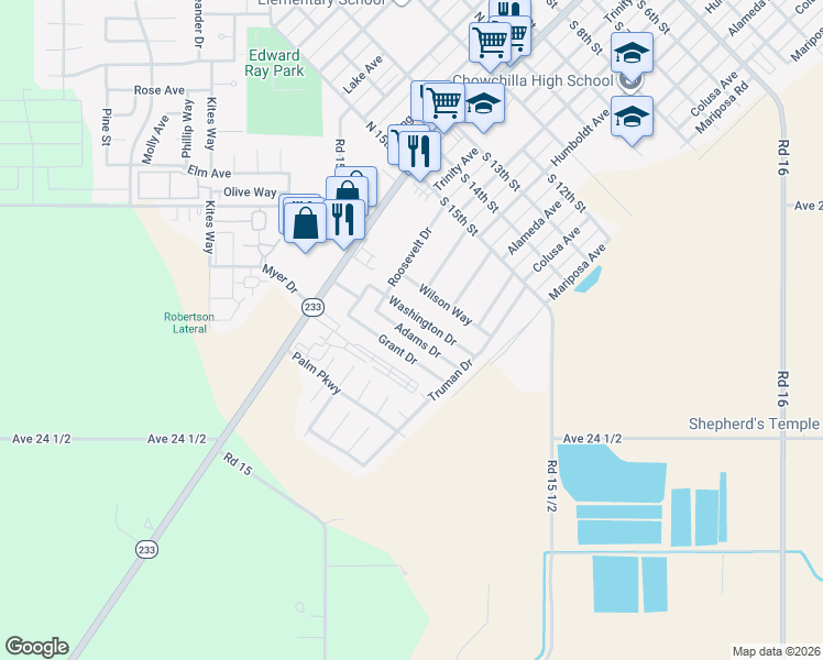 map of restaurants, bars, coffee shops, grocery stores, and more near 521 Adams Drive in Chowchilla